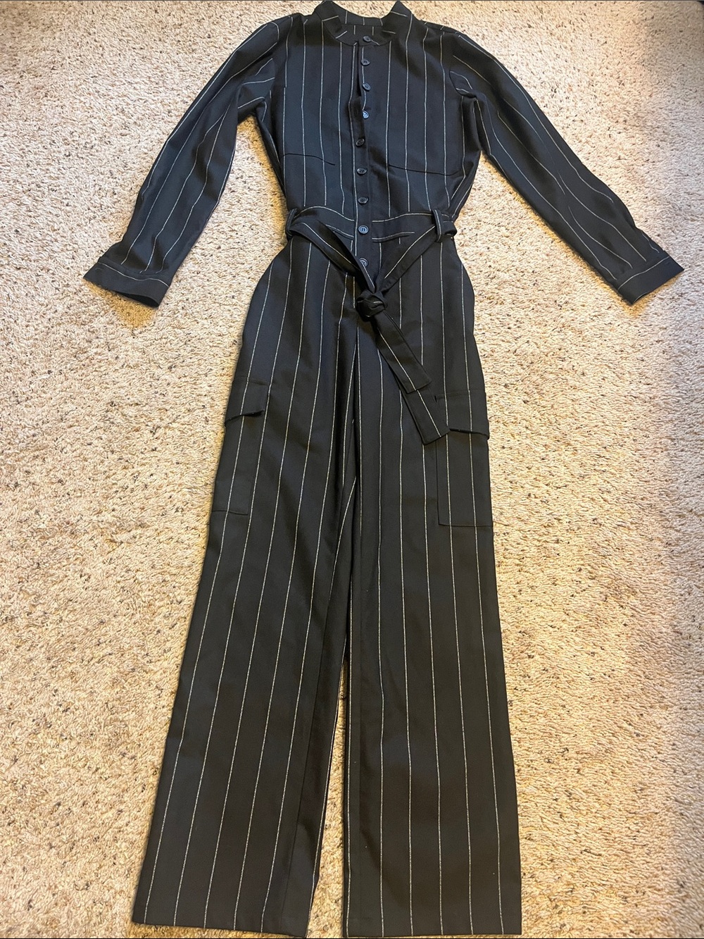 Black Pinstripe Button-Front Jumpsuit with Tie Belt